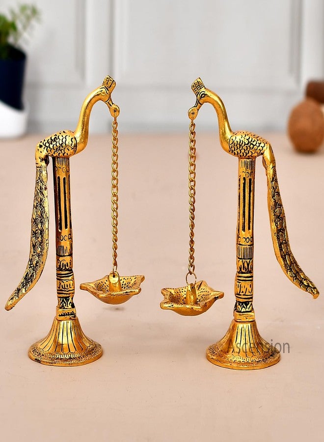 أسينشين مصباح زيت معدني مصنوع يدويًا من Ascension، زوج واحد من مصابيح الزيت الطويلة على شكل طاووس، مناسب لغرفة الصلاة والمكتب المنزلي، سلسلة معلقة، ديباك، زينة منزلية لعيد ديوالي، هدايا ومستلزمات تزيين الصلاة - Image 1